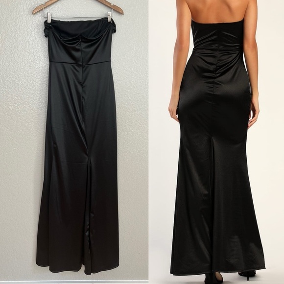 Starlet Vibes Black Satin Strapless Mermaid Maxi Dress - Picture 3 of 10